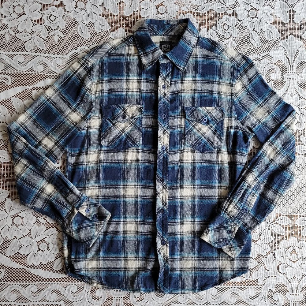 MICROS Blue Black White Long-Sleeve Button-Up Flannel Shirt | Size: S